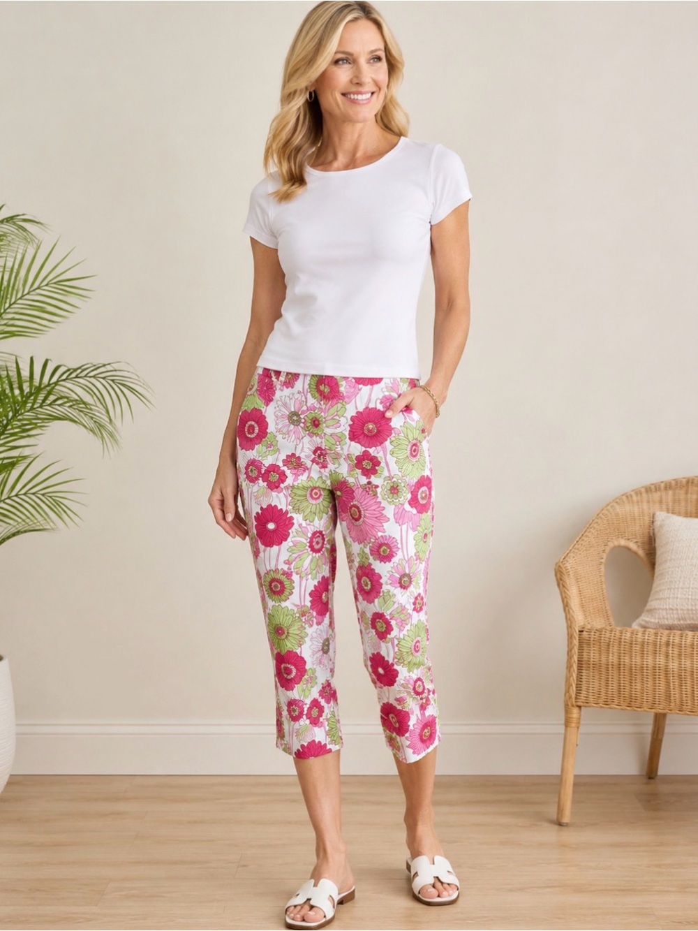 Briggs New York Floral Capri Pants Pink Green Stretch Cotton Summer Crop Size 10